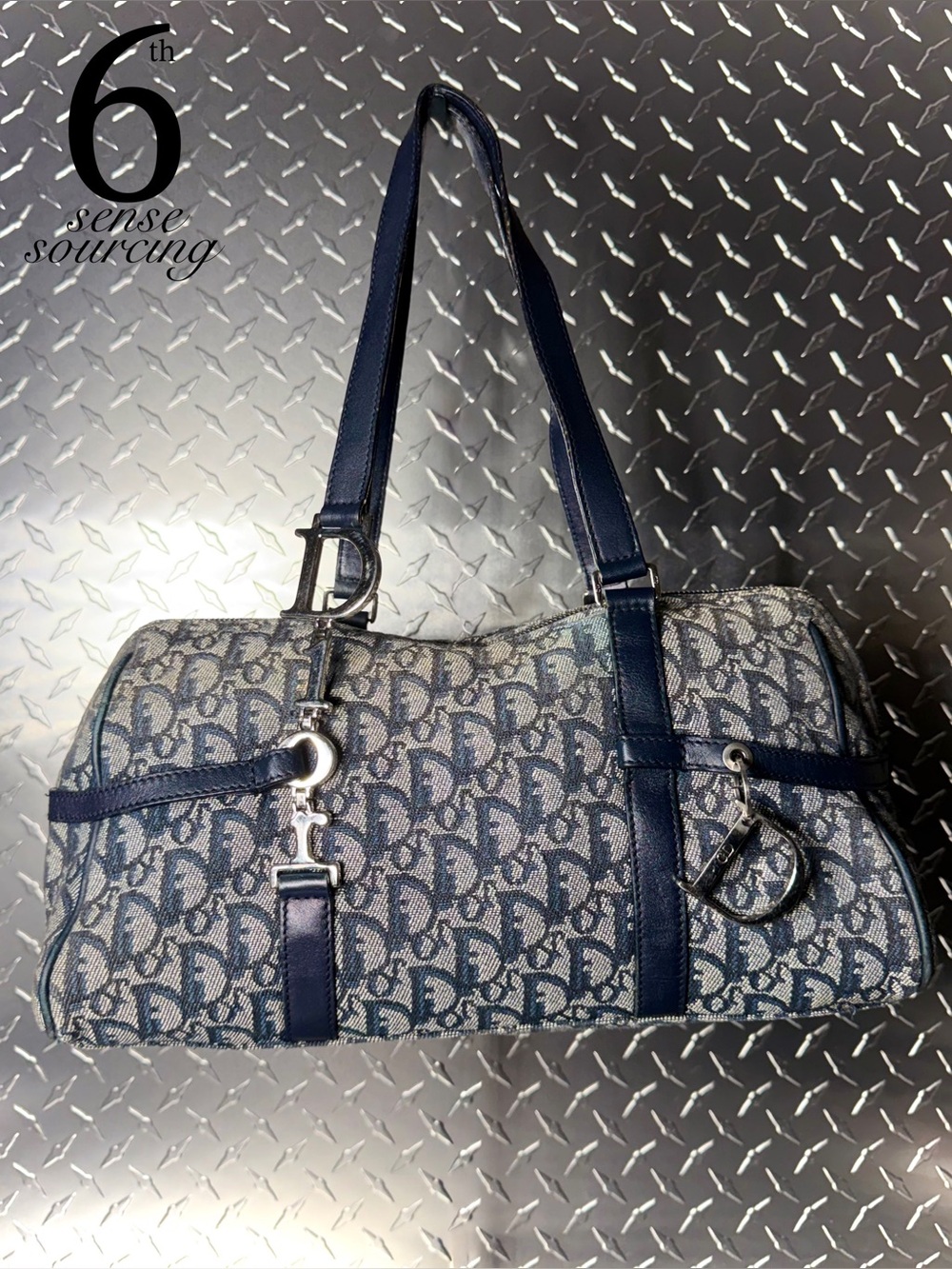 Dior Vintage Oblique Canvas an Leather Logo Charm Boston Bag in Blue